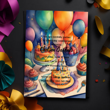 Watercolor Birthday Balloons Colorful Cakes Invitation by TailoredType at Zazzle