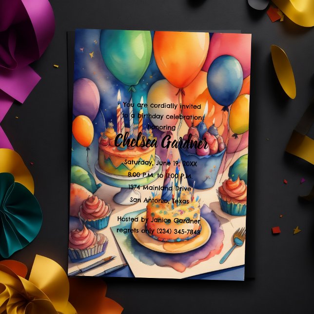 Watercolor Birthday Balloons Colorful Cakes Invitation (Creator Uploaded)