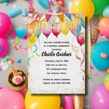 Watercolor Birthday Balloons Colorful Foil Invitation by TailoredType at Zazzle