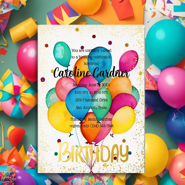 Watercolor Birthday Balloons Colorful Foil Invitation (Creator Uploaded)
