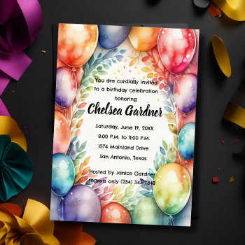 Watercolor Birthday Balloons Colorful Invitation by TailoredType at Zazzle