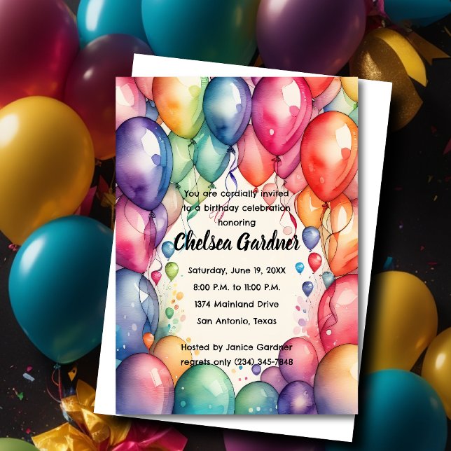 Watercolor Birthday Balloons Colorful Invitation (Creator Uploaded)