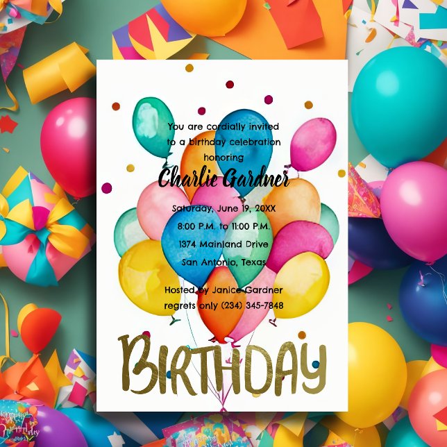 Watercolor Birthday Balloons Colorful Invitation (Creator Uploaded)