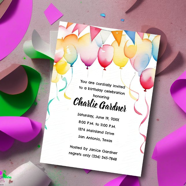 Watercolor Birthday Balloons Colorful Invitation (Creator Uploaded)