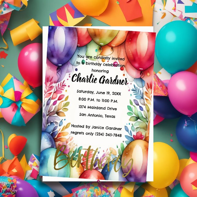 Watercolor Birthday Balloons Colorful Invitation (Creator Uploaded)