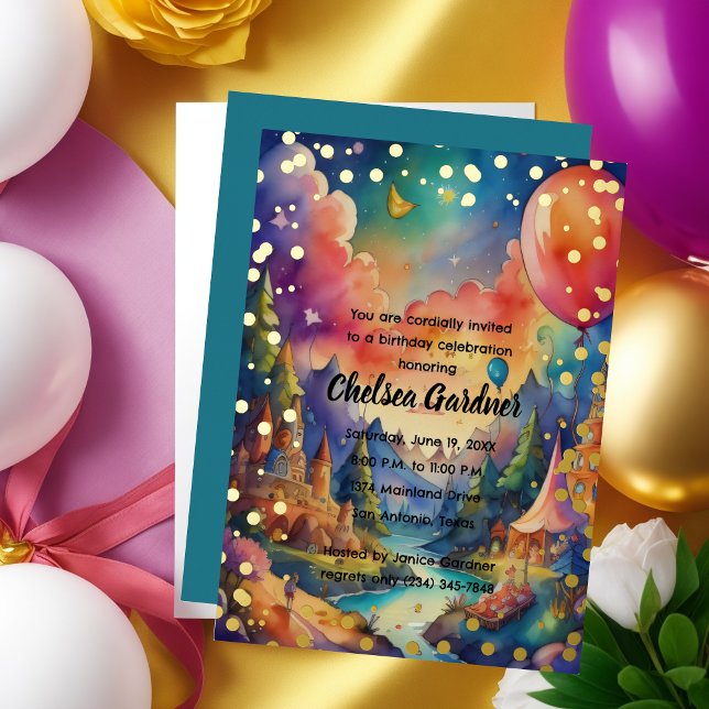 Watercolor Birthday Balloons Fantasy Landscape Foil Invitation (Creator Uploaded)