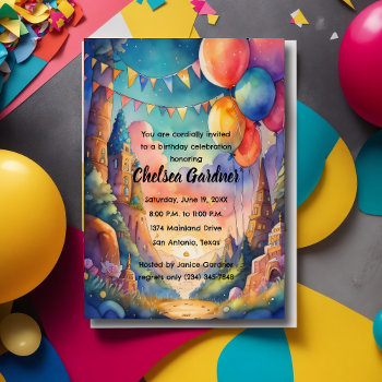 Watercolor Birthday Balloons Fantasy Landscape Invitation by TailoredType at Zazzle