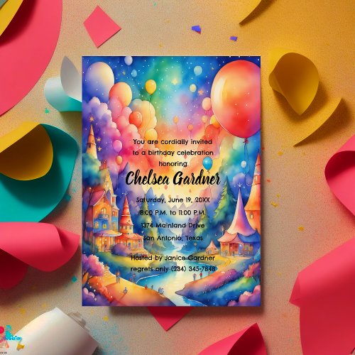 Watercolor Birthday Balloons Fantasy Landscape Invitation