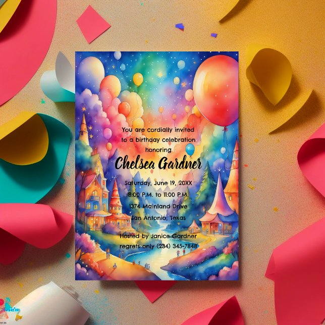 Watercolor Birthday Balloons Fantasy Landscape Invitation (Creator Uploaded)