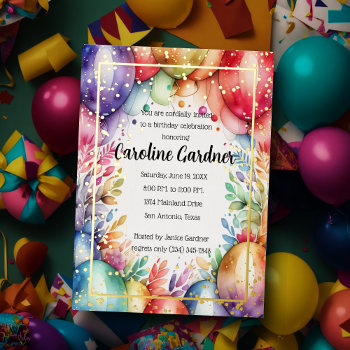Watercolor Birthday Balloons Floral Colorful Foil Invitation by TailoredType at Zazzle