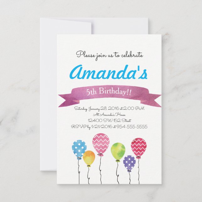 Watercolor Birthday Balloons Invitations (Front)