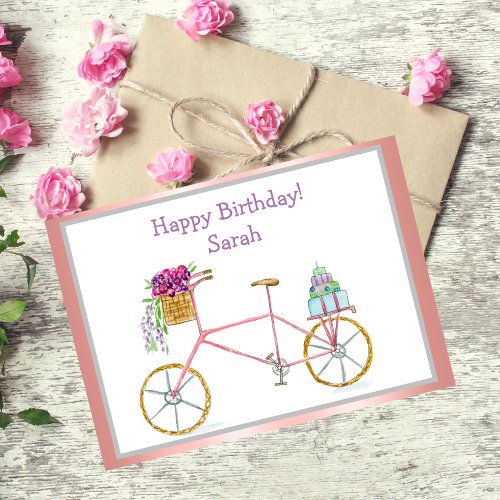 Watercolor Birthday Bicycle With Flowers  Cake Card