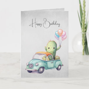 Watercolor Birthday Cacti In Retro Truck Card