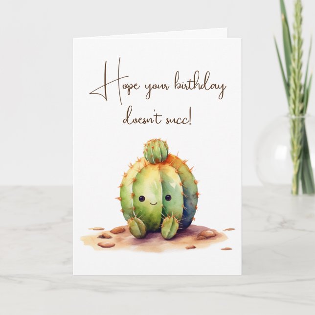 Watercolor Birthday Cactus Humor Card (Front)
