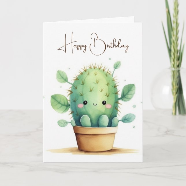 Watercolor Birthday Cactus In Pot Card (Front)