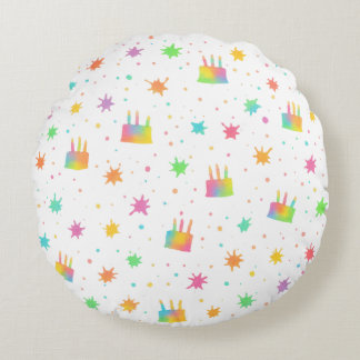 Watercolor Birthday Cake Colorful Paint Splatter Round Pillow