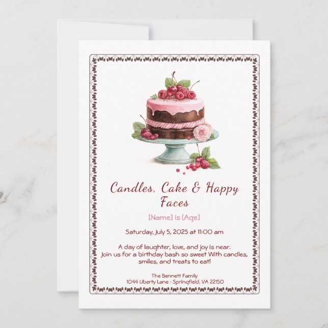 Watercolor Birthday Cake Invitation – chocolate (Front)