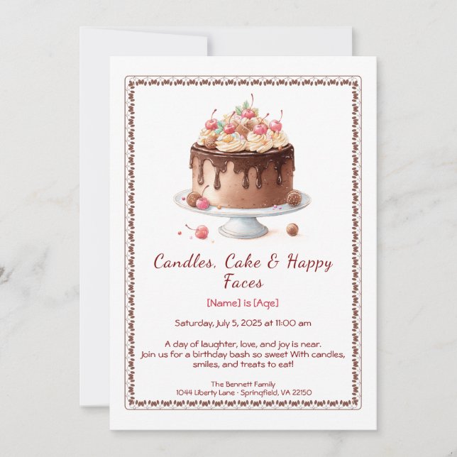 Watercolor Birthday Cake Invitation – chocolate (Front)