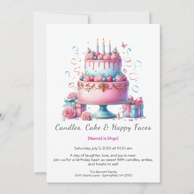 Watercolor Birthday Cake Invitation – pink blue (Front)