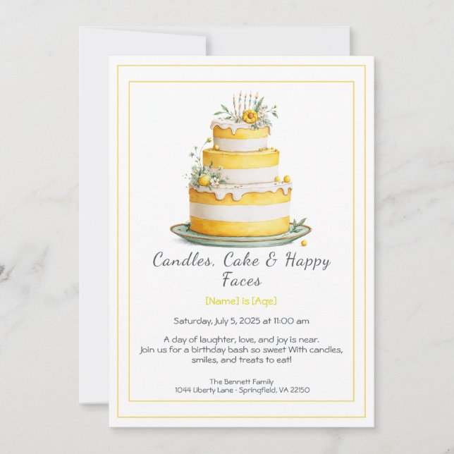 Watercolor Birthday Cake Invitation – yellow (Front)