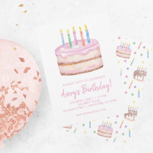 Watercolor Birthday Cake Party Invitations