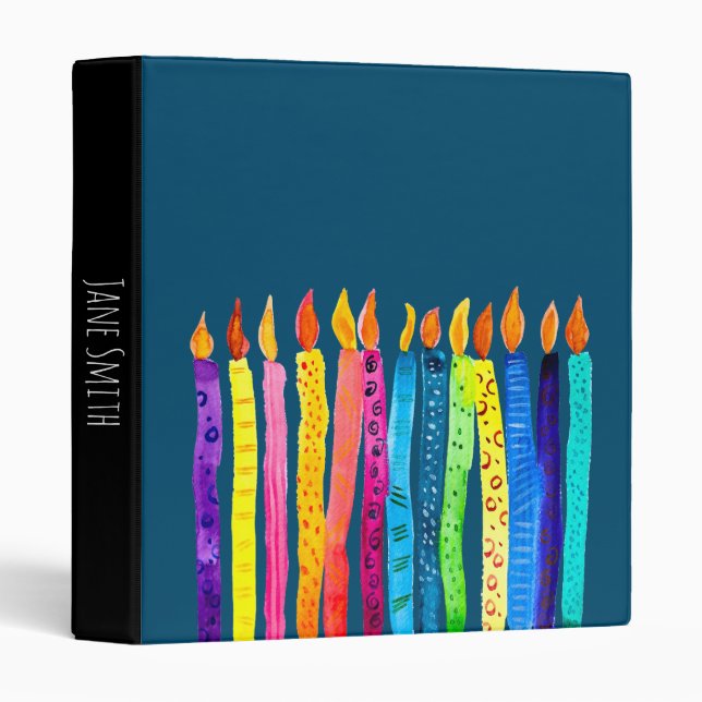 Watercolor birthday candles colorful 3 ring binder (Front/Spine)