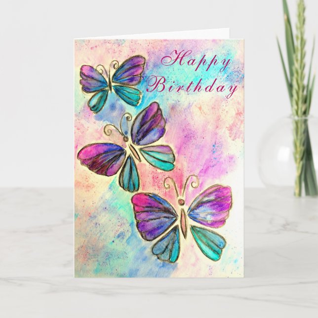 Watercolor Birthday Card Purple Pink Butterflies (Front)