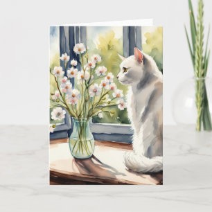 Watercolor Birthday Cat and Daisies Card