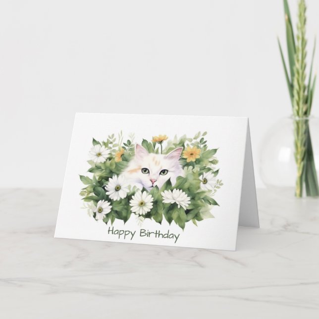 Watercolor Birthday Cat In Daisies Card (Front)