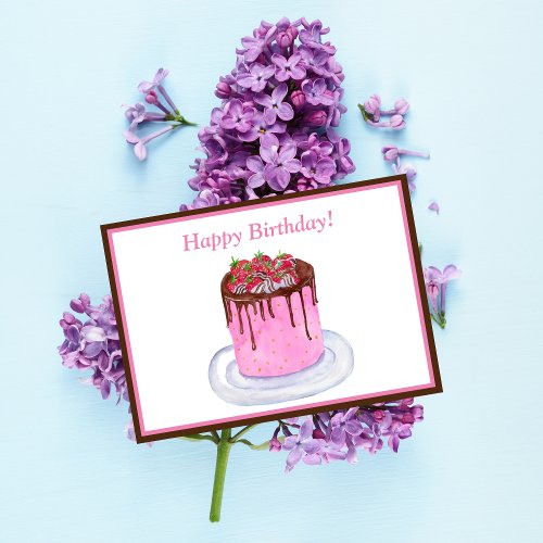 Watercolor Birthday Chocolate Strawberries Cake  Card