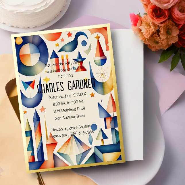 Watercolor Birthday Colorful Abstract Cubist Foil Invitation (Creator Uploaded)