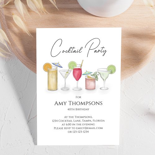 Watercolor Birthday Colorful Cocktails Invitation
