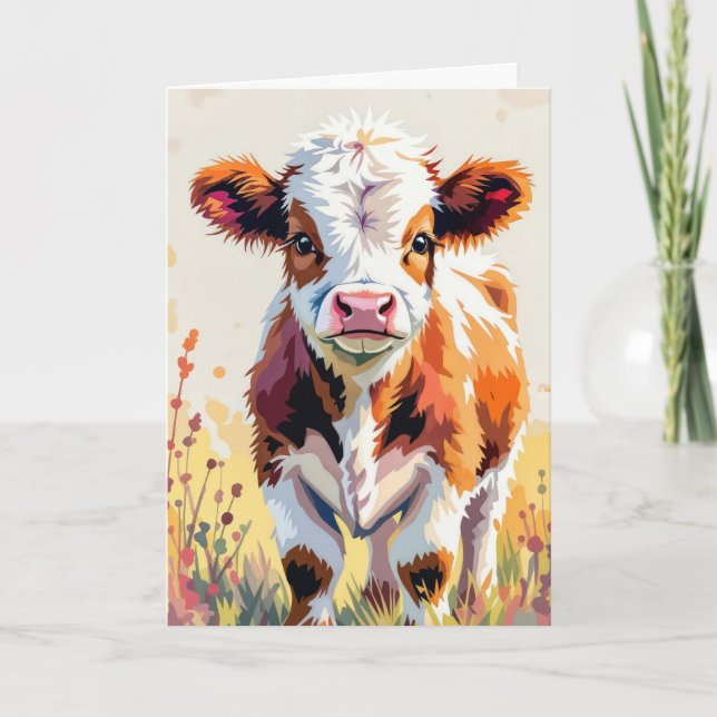 Watercolor Birthday Cow Wearing a Summer Hat Card (Front)