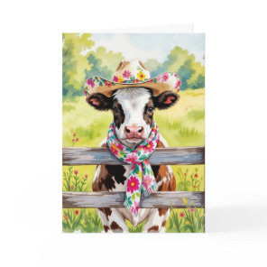 Watercolor Birthday Cow Wearing a Summer Hat Card