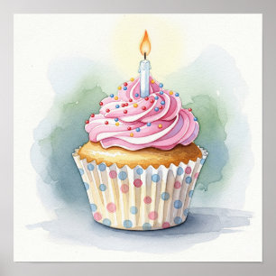 Watercolor Birthday Cupcake Print