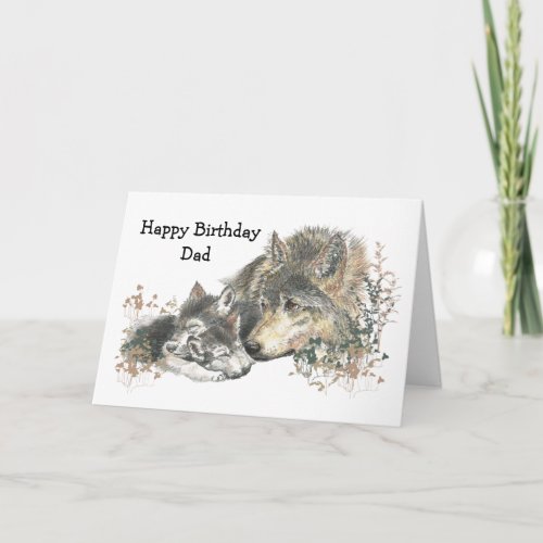 Watercolor Birthday Dad Wolf  Cubs Animal Art Card