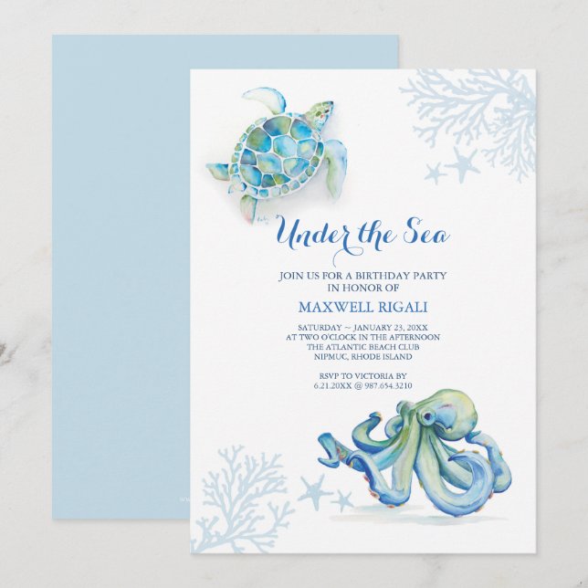 Watercolor Birthday Invitation Under The Sea (Front/Back)