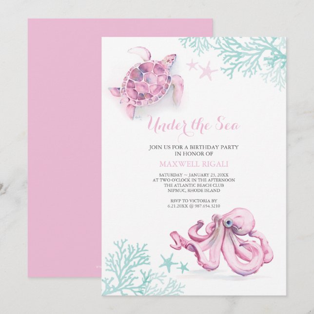 Watercolor Birthday Invitation Under The Sea (Front/Back)