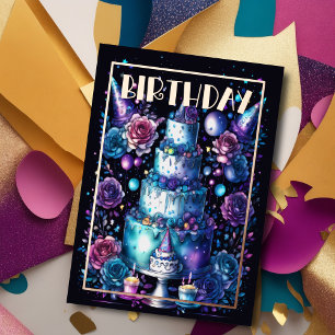 Watercolor Birthday Navy Blue Purple Turquoise Foil Invitation