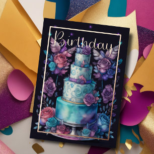 Watercolor Birthday Navy Blue Purple Turquoise Foil Invitation
