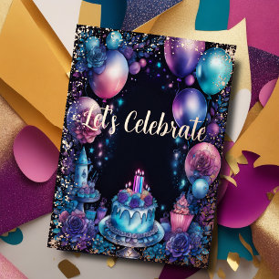 Watercolor Birthday Navy Blue Purple Turquoise Foil Invitation
