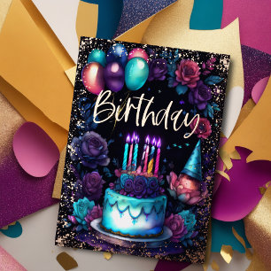 Watercolor Birthday Navy Blue Purple Turquoise  Foil Invitation