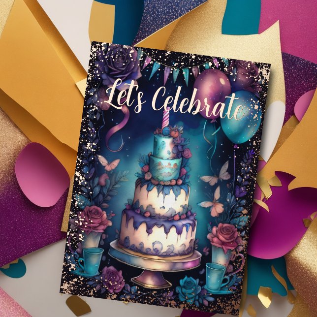 Watercolor Birthday Navy Blue Purple Turquoise  Foil Invitation (Creator Uploaded)