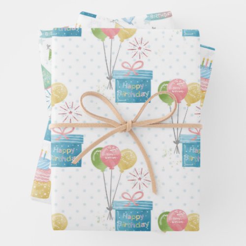 Watercolor Birthday Pattern Wrapping Paper Sheets
