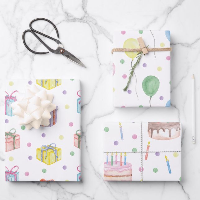 Watercolor Birthday Present Balloons Cake Confetti Wrapping Paper Sheets (Front)