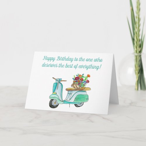Watercolor Birthday Scooter With Basket Of Flowers Card
