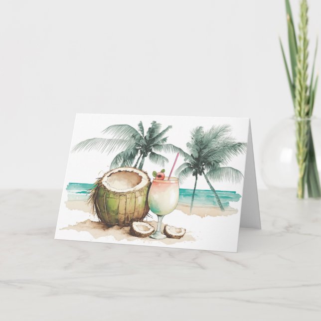Watercolor Birthday Tropical Cocktail Card (Front)