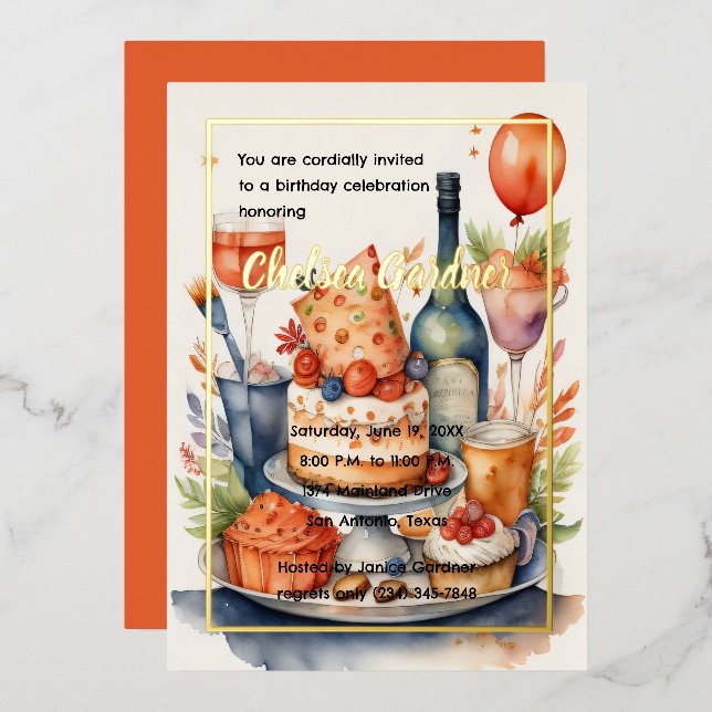 Watercolor Birthday Wine Cake Food Foil Invitation (Front/Back)