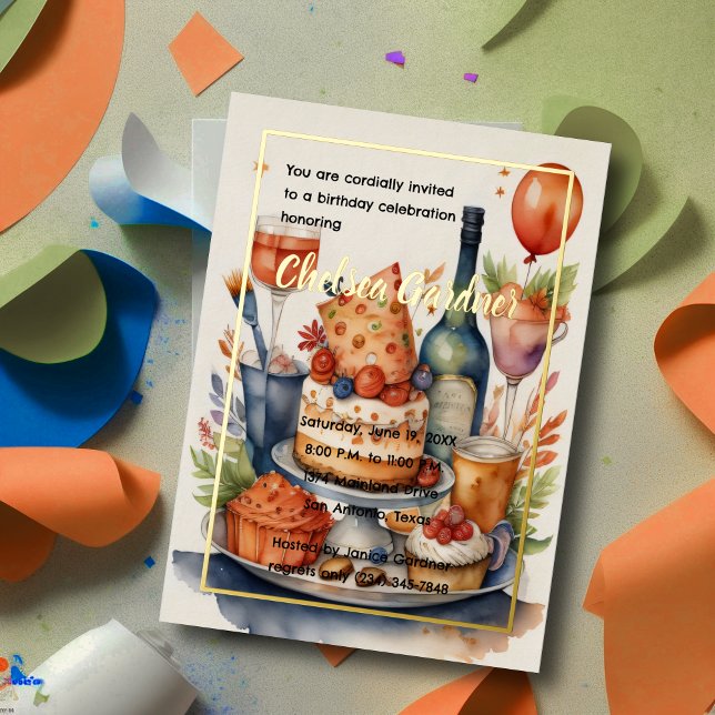 Watercolor Birthday Wine Cake Food Foil Invitation (Creator Uploaded)