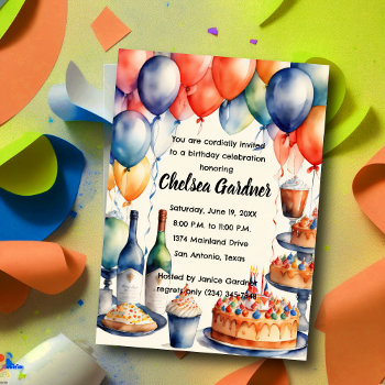 Watercolor Birthday Wine Cake Food Invitation by TailoredType at Zazzle